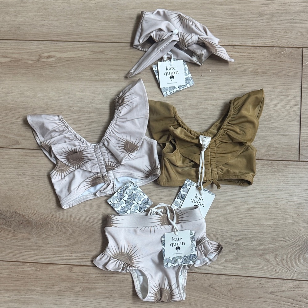 kate quinn Ruffle Swim Set 2 Tops, 1 bottom, headband 6-12 Month NWT!